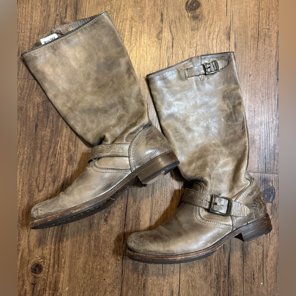 Frye Taupe Slouchy Leather Harness Veronica Boots